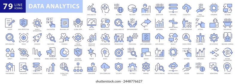 Data analytics icon set. Data Analysis Technology Symbols Concepts. With Concepts like data security, analytics, Mining, network, server, Monitoring, Icons. Dual Colors Flat Icons Vector Collection