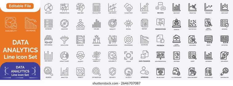 Data analytics icon set. Data Analysis Technology Symbols Concepts. With Concepts like data security, analytics, Mining, network, server, Monitoring, Icons. Dual Colors Flat, Line icon set..