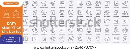 Data analytics icon set. Data Analysis Technology Symbols Concepts. With Concepts like data security, analytics, Mining, network, server, Monitoring, Icons. Dual Colors Flat, Line icon set..