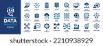 Data analytics icon set. Big data analysis technology symbol. Containing database, statistics, analytics, server, monitoring, computing and network icons. Solid icons vector collection.