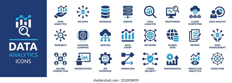Data analytics icon set. Big data analysis technology symbol. Containing database, statistics, analytics, server, monitoring, computing and network icons. Solid icons vector collection.