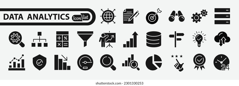 Data analytics icon set. Big data analysis technology symbol
