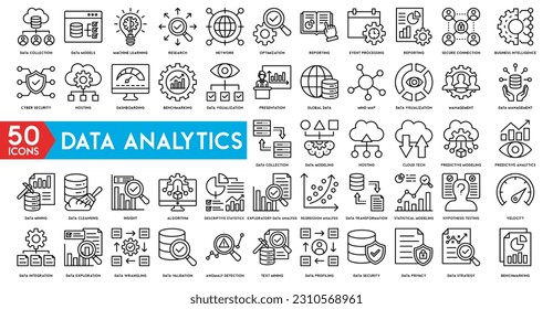 Data analytics icon set. Big data analysis technology symbol. Containing database, statistics, analytics, server, monitoring, computing and network icons