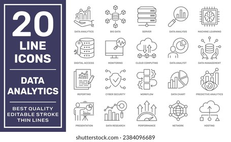 Data analytics icon set. Big data analysis technology symbol. Containing database, statistics, analytics, server, monitoring, computing and network icons. Editable Stroke. EPS 10