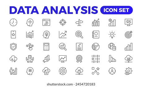 Data analytics icon set. Big data analysis technology symbol. Containing database,computing and network icons. Solid icons vector collection.Data line Analytics, AI, hosting, monitoring. outline icon