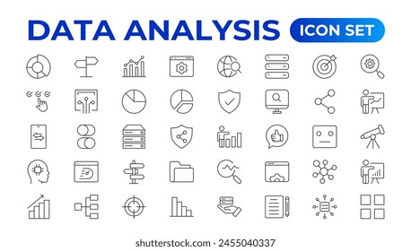 Data analytics icon set. Big data analysis technology symbol. Containing database,computing and network icons. Solid icons vector collection.Data line Analytics, AI, hosting, monitoring. outline icon