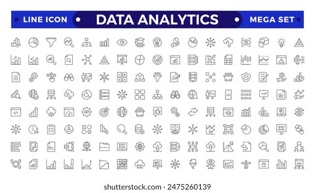 Data analytics icon set. Big data analysis technology symbol. Containing database, statistics, analytics, server, monitoring, computing and network icons. Outline icons vector collection.