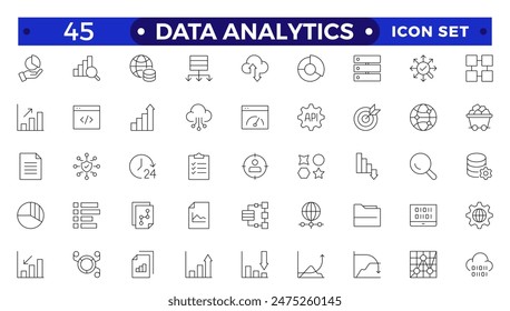 Data analytics icon set. Big data analysis technology symbol. Containing database, statistics, analytics, server, monitoring, computing and network icons. Outline icons vector collection.