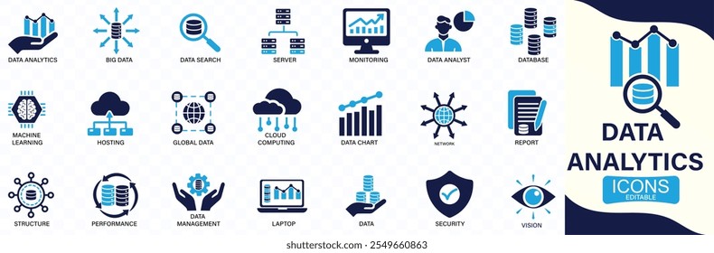 Conjunto de iconos de análisis de datos. Símbolo de tecnología de análisis de grandes datos. Contiene base de datos, estadísticas, puede cambiar fácilmente el color.