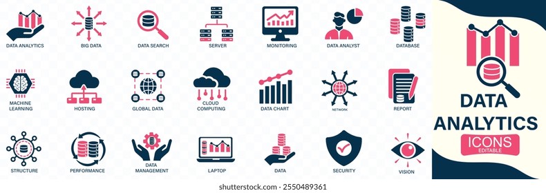 Conjunto de iconos de análisis de datos. Símbolo de la tecnología de análisis de Big Data. Contiene base de datos, estadísticas, puede cambiar fácilmente el color