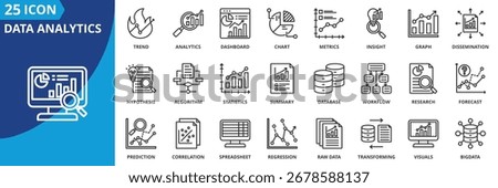 Data analytics icon set collection in outline style. Icon pack contains analytics, insight, metrics, dashboard, chart, graph, trend, algorithm, statistics, database