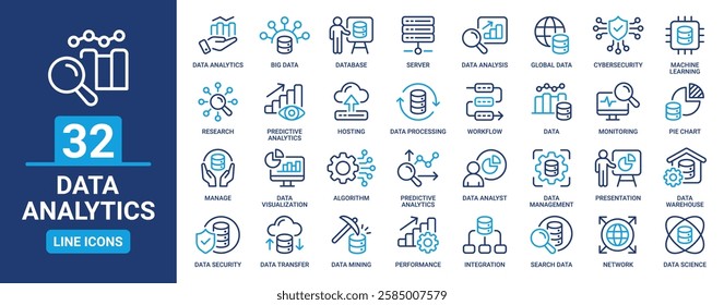 Data analytics icon set. Containing data analysis, mining, hosting, monitoring, processing, big data, data visualization and more. Outline vector icons collection.