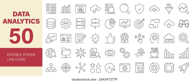 Conjunto de Ícones de análise de dados. Contendo análise de dados, big data, banco de dados, estatísticas, servidor, monitoramento, hospedagem, data mining, otimização, marketing e muito mais. Ícones de linha editáveis. Ilustração vetorial.