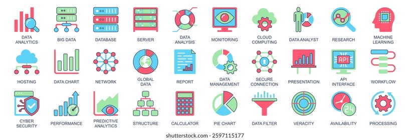 Data analytics icon set in flat color icons web design. Pack pictograms with database, server, analysis, monitoring, cloud computing, research, analyst, machine learning, other. Vector illustration.