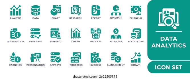 Data Analytics Icon Set. Includes editable icons for data analysis, charts, statistics, business reports, and technology. Ideal for infographics and dashboards.