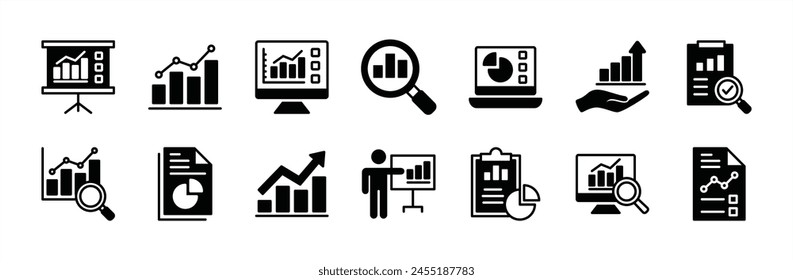 Data analytics icon set. Statistical science data information. Containing financial profit graph, database, statistics, chart, presentation, performance. Review results documents. Vector illustration