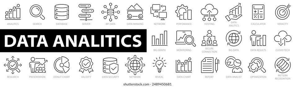 Data analytics icon set. Statistics Analysis Technology Symbols Concepts. Big data analysis technology symbol. Containing statistics, analytics, server, monitoring, computing and more.