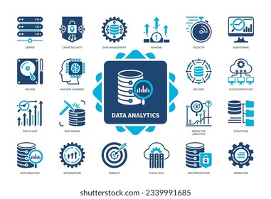 Data Analytics icon set. Structure, Predictive Analytics, Machine Learning, Cloud Computing, Server, Cyber Security. Duotone color solid icons