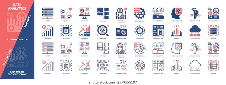 Data Analytics icon set. Structure, Predictive Analytics, Machine Learning, Cloud Computing, Server, Cyber Security. Duotone color solid and editable outline icons