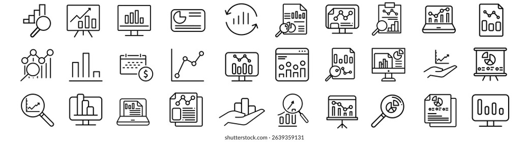 Data Analytics icon vector set. Analysis illustration sign collection. report symbol. statistics Logo. Collection of chart, graph, growth, trend, bar graph, dashboard, infographic web