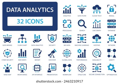 Colección de iconos de análisis de datos. Recopilación, búsqueda y análisis de datos. Base de datos, estadísticas, servidor, supervisión. Icono de Vector plano simple.