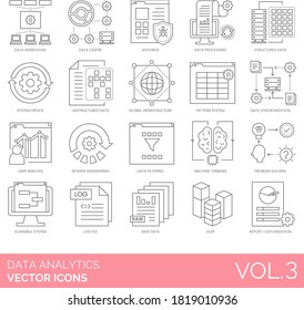 Iconos de análisis de datos que incluyen antivirus, procesamiento, actualización del sistema, infraestructura global, sincronización, análisis de usuarios, ingeniería inversa, scramble, archivo de registro, raw, olap, personalización de informes.