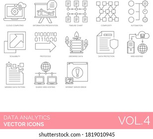 Data analytics icons including cloud computing, information presentation, timeline chart, complexity, automation, scalability, protocols, missing pattern, shared web hosting, internet server error.