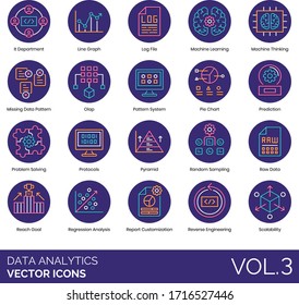 Data analytics icons including IT department, log file, machine learning, olap, system, pie chart, prediction, protocols, pyramid, random sampling, raw, reach goal, regression analysis, scalability.