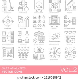 Data analytics icons including science team, network, IT department, statistics, database architecture, scientist, software developer, dashboard report, deep learning, design algorithm, API interface.