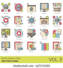 Data analytics icons including warehouse, centre, anti virus, processing, structured, system update, unstructured, global infrastructure, pattern, synchronization, user analysis, reverse engineering.