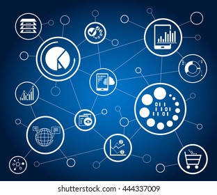 data analytics icons and network diagram on white background