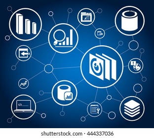 data analytics icons and network diagram on white background
