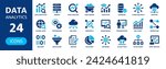 Data analytics icons set. 24 simple icons contain symbols data analysis, analytic, database, statistics, monitoring, network.