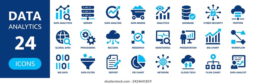 Conjunto de iconos de análisis de datos. 24 iconos simples contienen símbolos de análisis de datos, analítica, base de datos, estadísticas, supervisión, red.