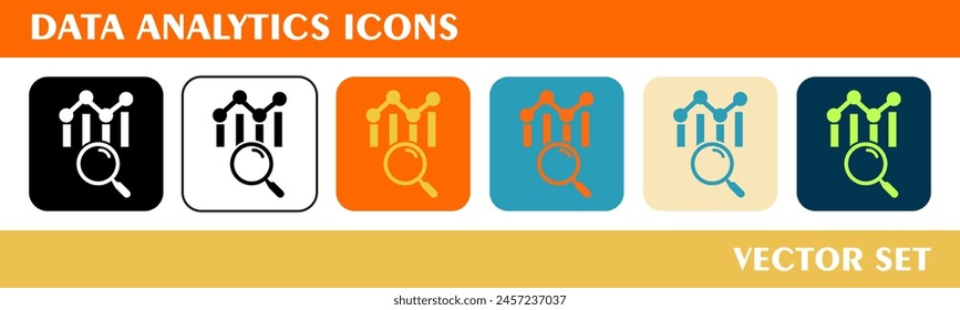 Data analytics icons set. 6 style icons with various colors. For sign, symbol, web design or web graphics. 