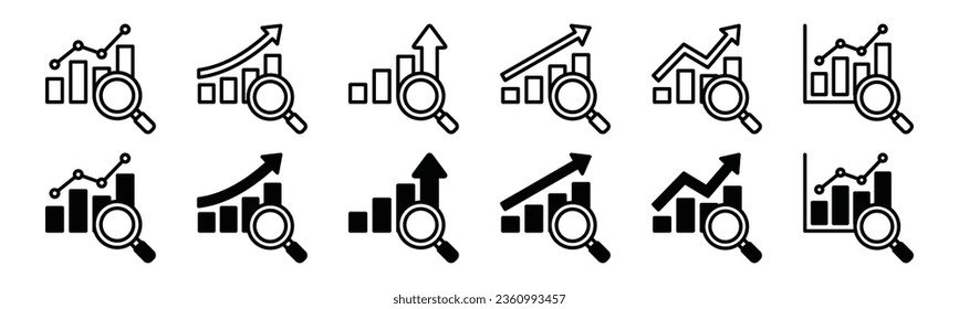 Data analytics icons set. Analysis, infographic icon. Magnifying glass with data analysis or chart icon symbol. Magnifier or loupe sign with chart, market or business research. Vector illustration