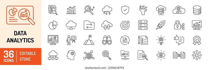 Data analytics icons set. Data, analytics, database, technology, management, statistic, security and many more… Editable stroke icons. Vector Illustration.