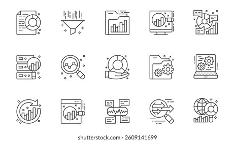 Data analytics icons set in outline stroke design for web. Pack line pictograms with diagram, filter, folder, chart research, database server, sync, statistic analysis, other. Vector illustration.