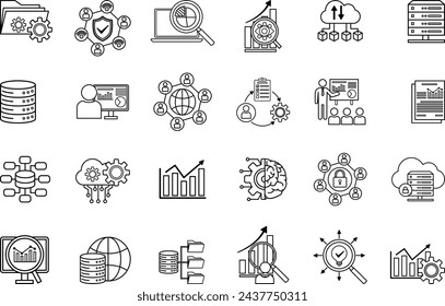 Data Analytics Icons Set. Vector Icons of Monitoring, Network, Server, Database, Cybersecurity, Data Management, Hosting, API, and Other