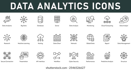 Ilustração de vetor de ícones de análise de dados com linha fina editável traço contendo big data banco de dados servidor de monitoramento computação em nuvem máquina de pesquisa de aprendizagem hospedagem de relatório de rede seguro