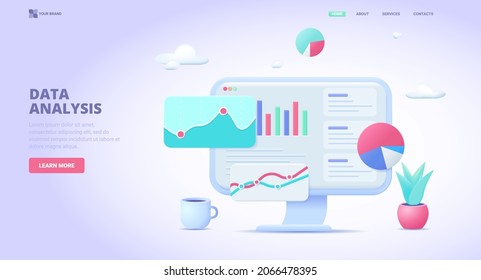 Data Analytics, Information Analysis, Statistics Vector Realistic Illustration. Computer Application, Dashboard 3d Cartoon Illustration. Vector Concept For Website, Landing Page, Banner, Hero Image.