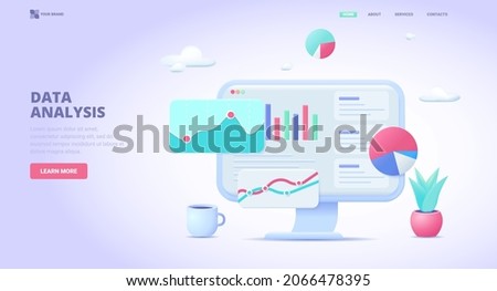 Data analytics, information analysis, statistics vector realistic illustration. Computer application, dashboard 3d cartoon illustration. Vector concept for website, landing page, banner, hero image.