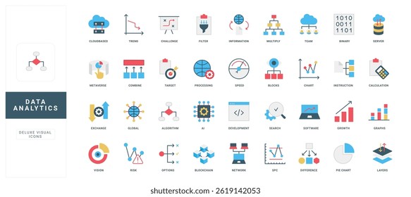 Data analytics, information research and algorithms, AI and blockchain color icon set. Cloud network performance, global database and server workflow, statistic chart flat vector illustration