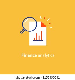 Data analytics, information research, investment report paper, marketing study, audition services, vector icon