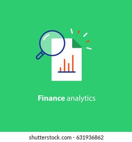 Data analytics, information research, investment report paper, marketing study, audition services, vector icon