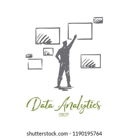 Data, analytics, information, technology, web concept. Hand drawn man and information windows concept sketch. Isolated vector illustration.