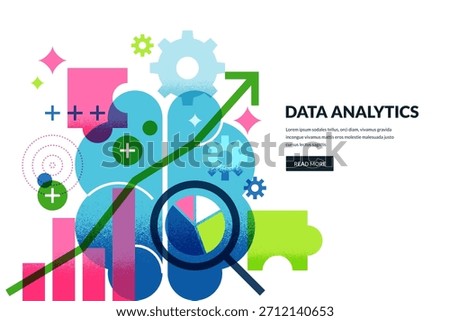 Data analytics and innovation abstract concept. Vector illustration of human brain, magnifying glass, pie chart, green arrow graph and puzzle. Modern design for business, research technology projects