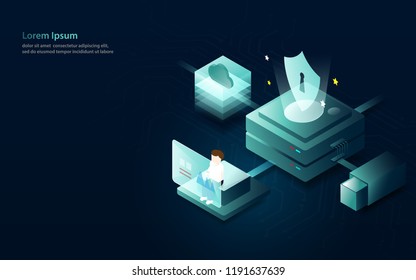 Data analytics internet security concept. Flat and isometric style design