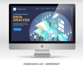 Data analytics isometric concept on computer screen, Isometric vector concept banner, Marketing and finance vector isometric concept, Vector illustration