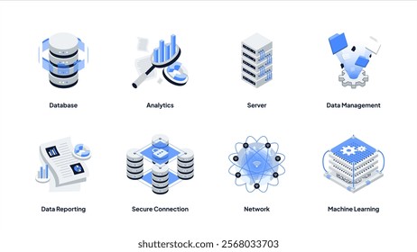 Data analytics isometric icon set. Big data analysis technology symbol. Containing Data Management, Network, Analytics, Data Reporting, Machine Learning, Server, Secure Connection and Database.